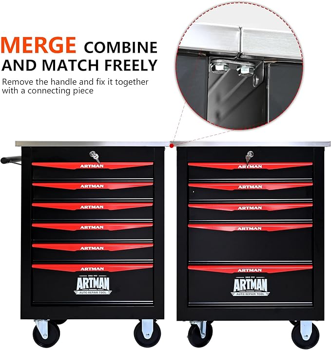 6 Drawers Tool Cart on Wheels with Stainless Steel Worktop, Heavy Duty Mobile Rolling Drawer Tool Chest with Locking Wheels & Lockable Drawers, Garage Tool Storage Cabinet (Black, 6 Drawers)