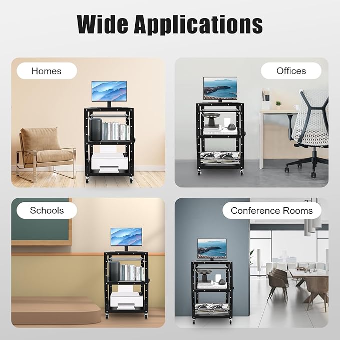 Steel Rolling AV Cart on Wheels, Commercial Furniture Mobile Utility Rolling Media Carts Computer Workstation with Height Adjustable Shelf, Keyboard Tray, Power Outlet and Plugs for Home Office, Black