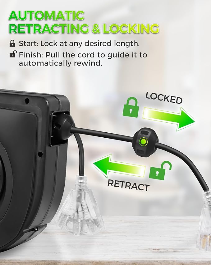 Retractable Cord Reel, 75 FT Heavy Duty Extension Cord, 14AWG/3C SJTOW, 3 Grounded Outlets Lighted Triple Tap, 10A Circuit Breaker, Wall/Ceiling Mounted, UL Listed, Black H75CR06