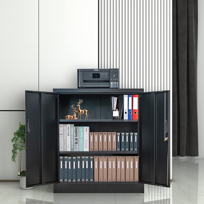 Metal Storage Cabinet, 36" H Locking Storage Cabinet with 2 Adjustable Shelves, Metal Cabinets for Garage, Home, Office, Utility Room-Black