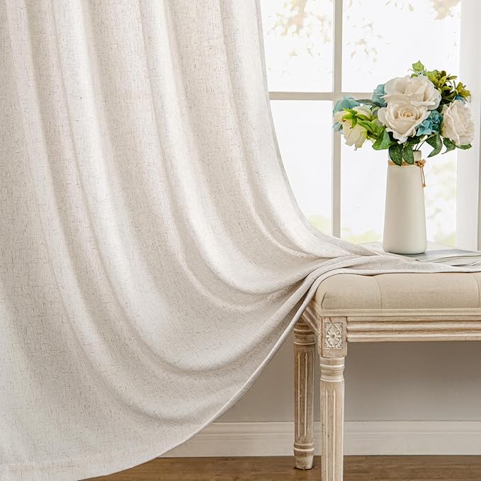 MIULEE Non-See-Through Privacy Linen Curtains 2 Panels, Light Filtering Window Curtains Farnhouse Textured Back Tab Semi Sheer Drapes for Bedroom Living Room, 52 x 108 Inches Long, White