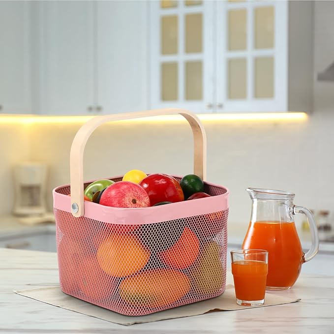 Roshtia 6 Pcs Metal Mesh Steel Basket with Handle, Square Wire Harvest Thanksgiving, Shopping Baskets for Retail Store Christmas Garden Bathroom Kitchen(9.65 x 9.65 x 7.09 Inch,Pink)