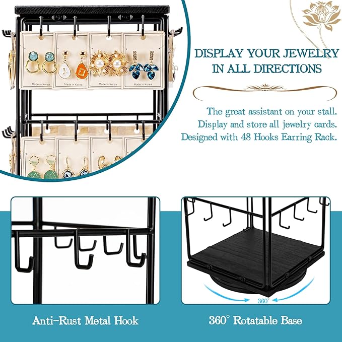 360 Rotating Earring Display Stands for Selling, Earring Rack Display Holder Stand, Jewelry Display for Vendors Selling Earring Cards, Necklaces, Bracelets, Hair Accessories (48 Hooks)