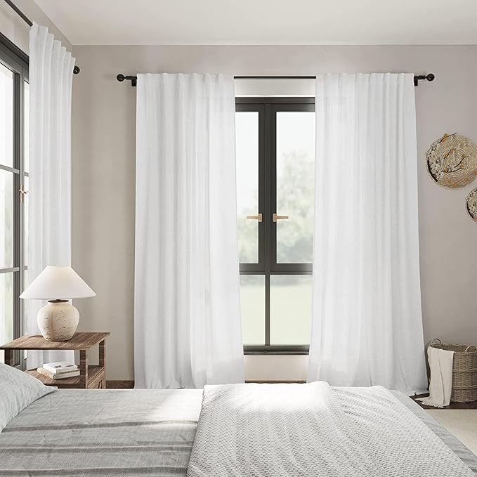 Nanspring Semi Sheer Linen Curtains 90 Inches Long for Living Room 2 Panels Set Back Tab Rod Pocket White Tall Vertical Curtains Light Filter Privacy Curtain Drapes for Bedroom Aesthetic 60x90