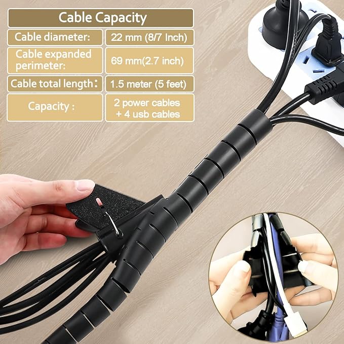 PC Cable Management Sleeve Tube Desk Cord Organizer 2 PCS Black, 7/8 inch -5 ft Cover Wrap Easy to Install Messy Wire Solution for TV Office Computer, Pet Chew and Bite Proof Cable Protector