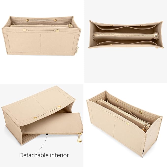 LEXSION Felt Purse Organizer Insert,Handbag Organizer with Detachalbe Zipper Pocket for ONTHEGO PM,3 Size 8034 Beige Small
