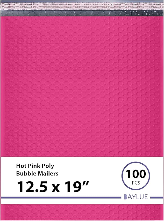 Hot Pink12.5x19.5 Inch Large Poly Bubble Mailers #6 | Padded Envelopes with Self Seal | Air Lined Cushioned Bubble Mailer | Usable Size 12.5x15 | 100 Pack Bulk | Lightweight shipping Bags