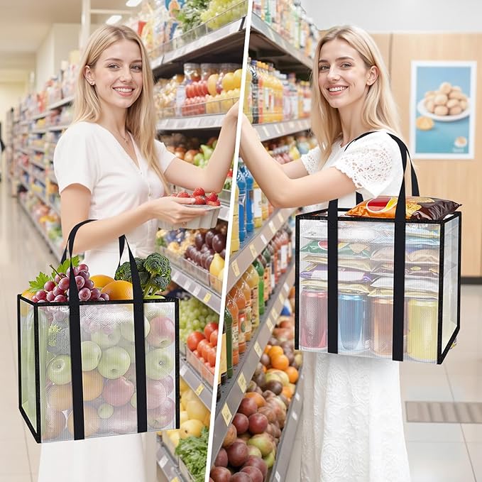 4 Pack Reusable Grocery Bags, Heavy-Duty Shopping Bags with Sturdy Handles, Water-Resistant & Foldable Organizer, Shopping Bags for Groceries, Market, Car Trunk, Multi-Purpose, 42L