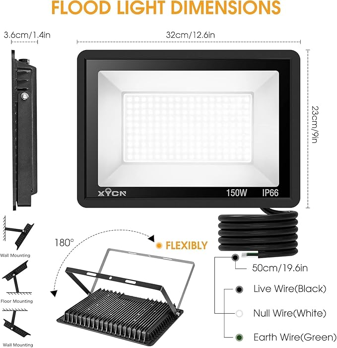 3 Pack 150W LED Flood Light Outdoor,Super Bright Security Light,15500LM IP66 Waterproof Floodlight,5000K Daylight LED Exterior for Basketball Court, Stadium, Playground