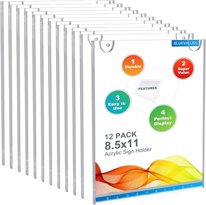 BlueValley Acrylic Sign Holder 8.5 x 11 Wall Mount - Vertical Clear Paper Display Holder with Mounted Tapes & Screws for Flyer, Document, Menu, Picture - Plastic Wall Frames for Offices, Homes, Restaurants, Stores - 12 Pack