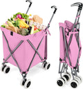 Goplus Folding Shopping Cart with Wheels, Grocery Cart with Removable Oxford Cloth Liner, Lightweight Utility Cart for Groceries Laundry, Pink