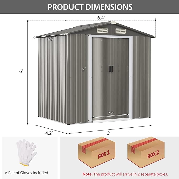 HAPPYGRILL 6 x 4 ft Outdoor Metal Storage Shed, Galvanized Steel Shed with Tilted Roof, Lockable Sliding Doors & 4 Air Vents, Utility Shed for Backyard Garden Patio Lawn