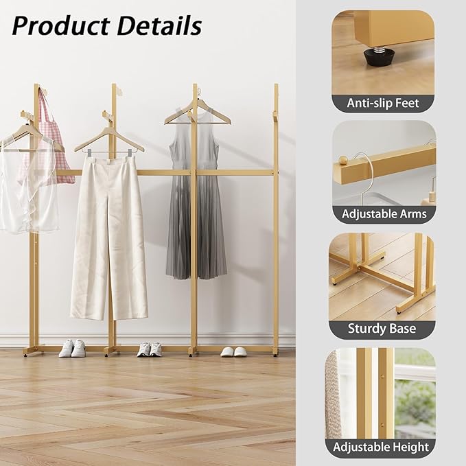 Gold Clothing Racks, Metal Clothes Rack with 8 Straight Arms, Freestanding Garment Rack for Hanging Clothes Heavy Duty, 46" to 63" Adjustable Height Retail Clothing Rack for Boutiques Display