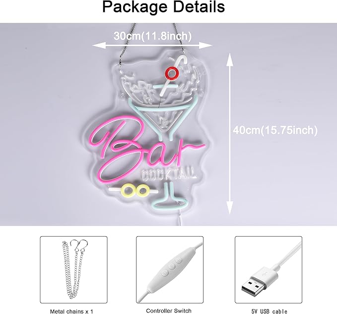 Cocktail Bar Neon Sign, Neon Lights Hanging Wall Art Decoration for Business Man Cave Bar Pub Night Club Party Bistro Beverage Restaurant, USB Powered Ultra Bright Dimmable, 15.75*11.8 inches