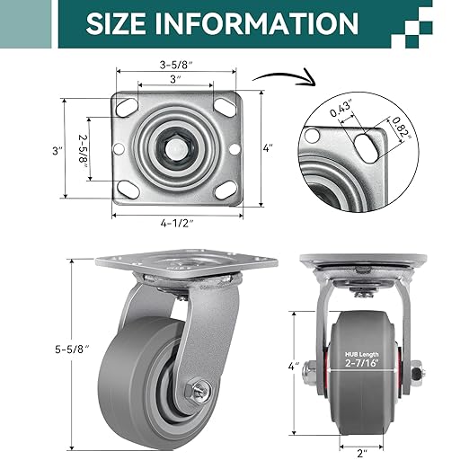 4'' × 2'' Caster Wheels, Heavy Duty Industrial Casters Set of 4 Rubber Wheels, Load 2400lbs Capacity, Swivel Caster for Cart Dolly Toolbox Trolley (4 Swivel)