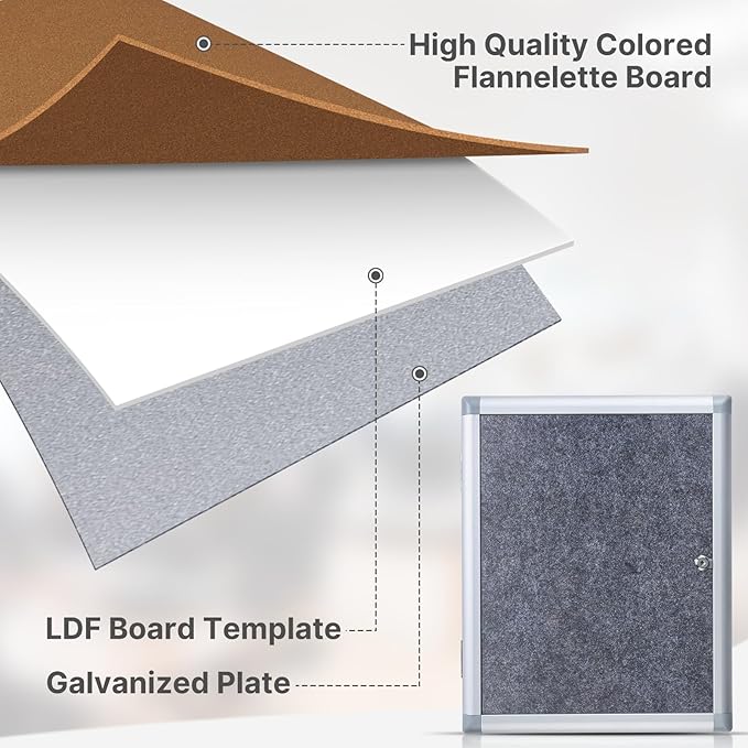Enclosed Bulletin Board 20x16 Inch Outdoor Notice Board Tamper-Proof Flannel Lockable Display Cases with Aluminum Frame, All Weather Pinboard for Hospital, Restaurant Kitchen, Office