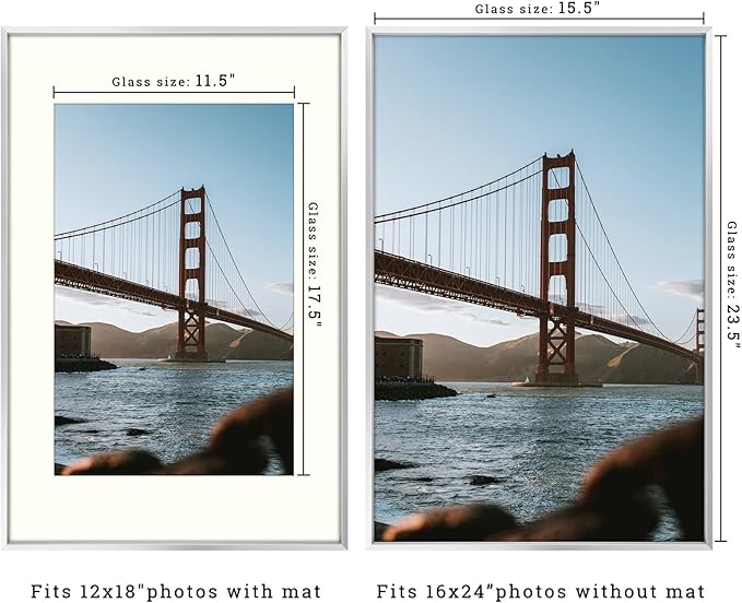 Frametory, 16x24 Metal Picture Frame with Mat for 12x18 Picture & Real Glass, Aluminum Photo Frame Collection (Silver, 2 Pack)
