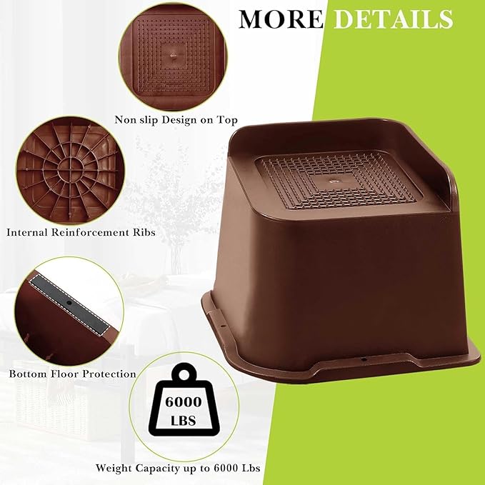 Bed Risers 1 inch, 2 inch, 3 inch, 4 inch, 6 inch, 8 inch Heavy Duty, Oversized Furniture Riser for Couch Sofa Table Chair Leg Frame Dorm, Support up to 6000 Lbs (Chocolat Brown 4 Pack, 5 inch)