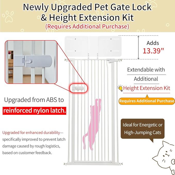 Lumizone Extra Tall Cat Gate 55.12" High Pressure Mounted Extra Wide 2025 New (17 Sizes) 1.37" Gap No Drilling Auto-Close One-Handed Operation Tall Pet Gate for Dogs(White, 55.12" H x 26.18"-29.91" W)