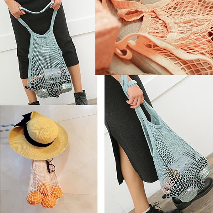 2Pcs Portable Reusable Mesh Cotton Net String Bag Organizer Shopping Tote Handbag Fruit Storage Shopper NEW (green,purple)