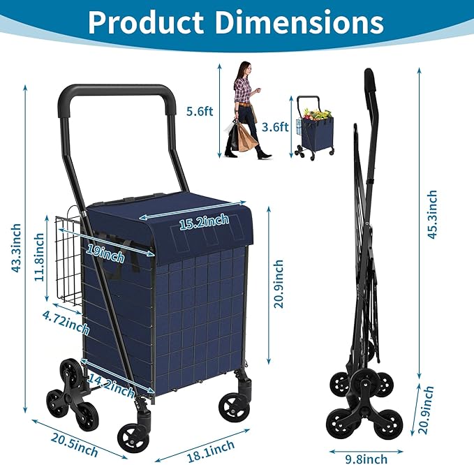 Grocery Shopping Cart with Waterproof Liner Stair Climber Utility Cart Easily Collapsible Cart with Tri-Wheels, 66lb Extended Foam Cover, Trolley for Stair, Laundry, Travel (Blue-)