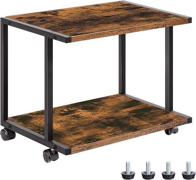 HOOBRO Under Desk Printer Stand, 2-Tier Industrial Printer Cart with Storage Shelf, Mobile Machine Holder Table Stand, for Home and Office, Rustic Brown and Black BF42PS01