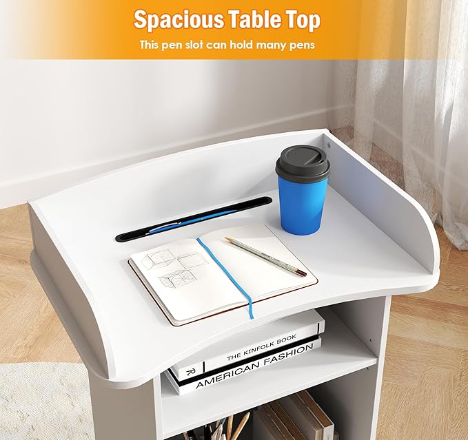 Podium Stand Portable,Mobile Pulpit Podium with Lockable Wheels,Wooden Hostess Stand Reception Desk with Adjustable Shelf and Storage Cabinet for Churches Conference School
