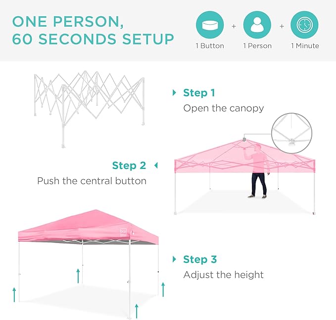 Best Choice Products 10x10ft 1-Person Setup Pop Up Canopy Tent Instant Portable Shelter w/ 1-Button Push, Case, 4 Weight Bags - Pink/White