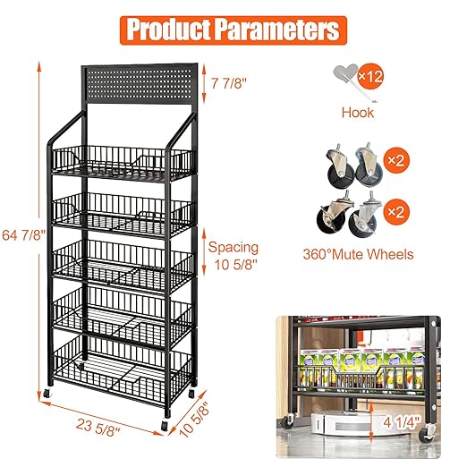 5 Tier Supermaket Snack Rack Display Stand, Free-Standing Black Retail Display Shelves with 12 Hooks & 4 Wheels, Large Metal Snack Shelf for Store Business