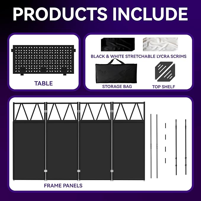 Portable DJ Booth,Foldable DJ Table Stand with Light Stand White & Black Scrim,Adjustable DJ Facade Booth Station Triangle Plate Metal Frame DJ Table with Cable Hole for Private Events, Clubs, Bars