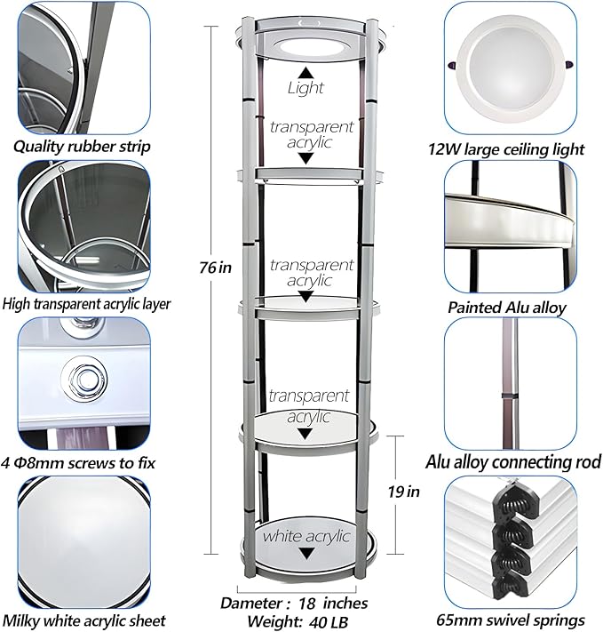 Foldable Display Case,Portable Display Cabinet,Retail Display Racks,Storage Showcase Cabinets Luminescent with LED-Light for Tradeshow Display,Tradeshow Booths ,White Round 4-Shelves 18x76inch