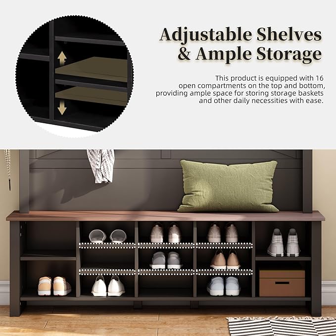 Merax Wood Rustic Hall Tree Entryway Bench with 6 Hooks and Adjustable Shelves, Farmhouse Mudroom Versatile Coat Racks with 16 Open Compartments, Entrance Organizer for Hallway Black