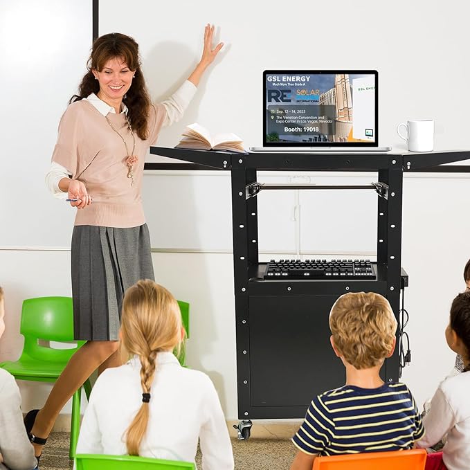 AV Cart, Steel AV Cart with Locking Cabinet and Pullout Keyboard Tray, Adjustable-Height Rolling Media Cart with Wheels & Power (43”x18”x43”)
