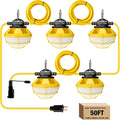 50FT Construction String Lights with Protective Cage, IP65 Waterproof LED String Work Lights, 5000K Daylight 18AWG Wire Linkable Temporary Construction Lighting for Jobsite with 5 Bulbs & Hooks