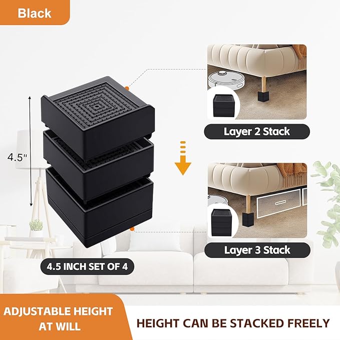 Bed Risers, Furniture Raise Blocks, 2,3 or 4 inch Stilts Heavy Duty for Bed Couch Desk Sofa Table Lifts, Furniture Legs Lifters Support up to 1300 Lbs (Black, 4 Pack Set)