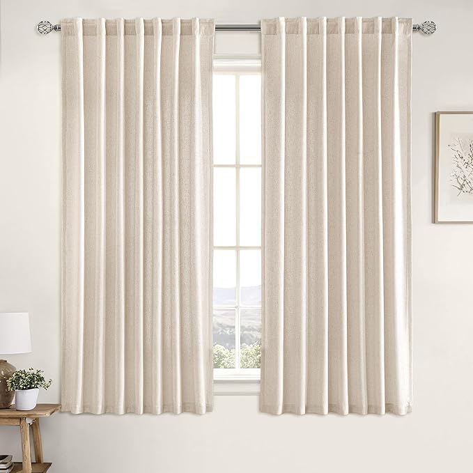 MIULEE Non-See-Through Privacy Linen Curtains 2 Panels, Light Filtering Window Curtains Farn House Textured Back Tab Semi Sheer Drapes for Bedroom Living Room, 52 x 63 Inches Long, Birch