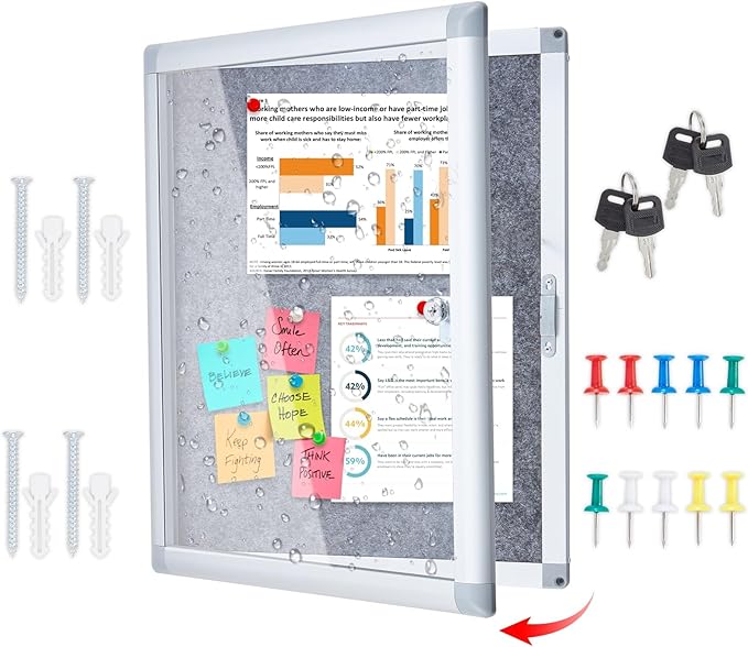 Enclosed Bulletin Board 20x16 Inch Outdoor Notice Board Tamper-Proof Flannel Lockable Display Cases with Aluminum Frame, All Weather Pinboard for Hospital, Restaurant Kitchen, Office