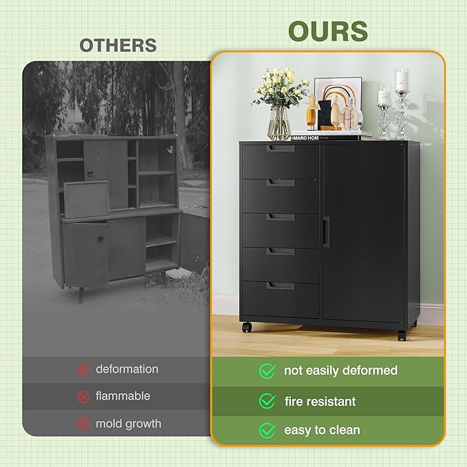 5 Drawer Metal Storage Cabinet, Mobile Office Storage Cabinet, Printer Stand with Storage, Craft Cabinet Dresser Chest for Home Office (Black)