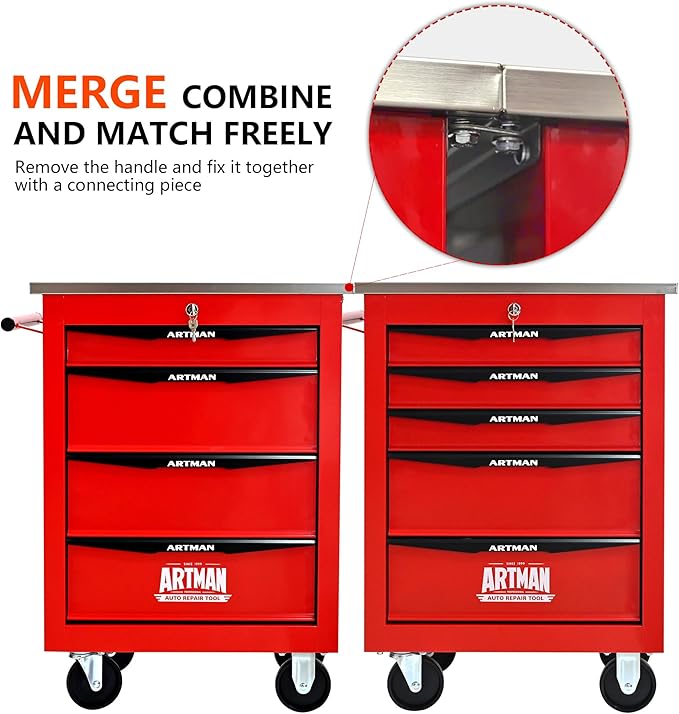 5 Drawers Tool Cart on Wheels with Stainless Steel Worktop, Heavy Duty Mobile Rolling Drawer Tool Chest with Locking Wheels & Lockable Drawers, Garage Tool Storage Cabinet (Red, 5 Drawers)