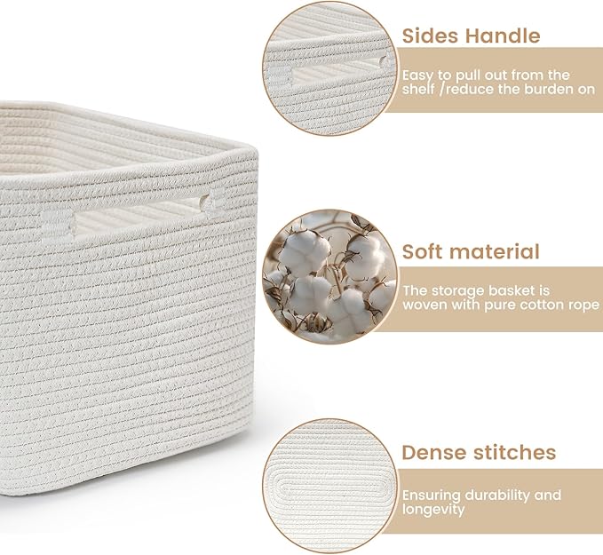 3 Pack Shelf Woven Storage Basket, 15 x 10 x 9” Closet Rope Baskets For Organizing, Square Bins with Handles, White