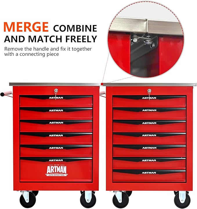 6 Drawers Tool Cart on Wheels with Stainless Steel Worktop, Heavy Duty Mobile Rolling Drawer Tool Chest with Locking Wheels & Lockable Drawers, Garage Tool Storage Cabinet (Red, 6 Drawers)