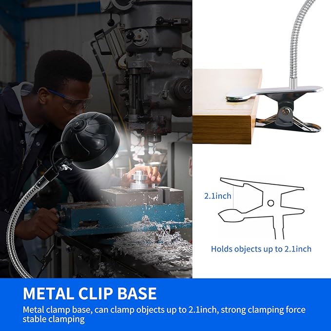 Clamp Light, LED Work Light with Flexible & Strong Clip for Workshop, Sewing, Lathe, Desk, Bright Small Area Task Lighting, 2000 Lumens, Silver