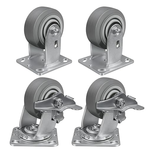 4'' × 2'' Caster Wheels, Heavy Duty Industrial Casters Set of 4 Rubber Wheels, Load 2400lbs Capacity, Swivel Caster for Cart Dolly Toolbox (2 Brake & 2 Rigid)
