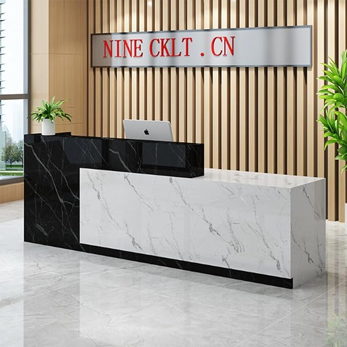 PLMOKN Wood Reception Desk Marble Stone with Checkout Retail Counter L Shaped Modern Mostrador para Negocio Office Desk Closed Front with Storage Drawers for Barber,Salon,Clothing Store