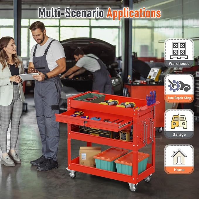 3-Tier Rolling Tool Cart, Heavy Duty for Mechanics, 400 LBS with Drawers, Red