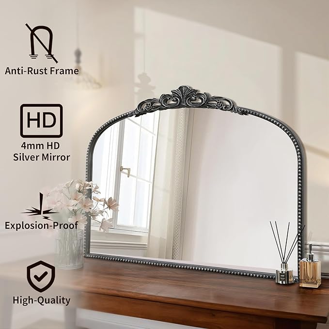 Micasso Vintage Wall Black Mirror: 24" x 32" French Baroque Antique Mirror - Traditional Ornate Decorative Arched Mirrors for Wall/Bathroom/Entryway/Fireplace/Hallway - Home Decor for Living Room
