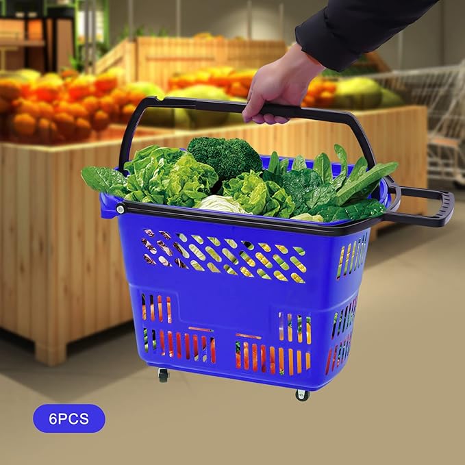 6PCS Plastic Shopping Baskets, 35L/9.2Gal Trolley Rolling Shopping Cart Set with Wheels,Grocery Basket with Handles,Portable Utility Cart for Supermarket,Retail Store,Laundry,Fruit Stores (Blue)