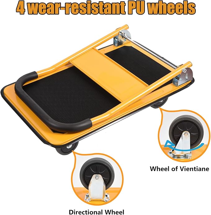LEADALLWAY Foldable Push Cart Platform Cart 330lbs Capacity 4 Wheels 28.7x18.5x32.3inches Yellow with 2 Ropes Small Flatbed Cart