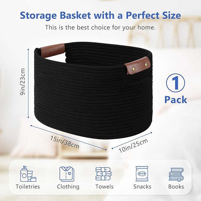Cotton Rope Basket, Storage Baskets with Handle, 15x10x9 Inch Woven Basket for Shelves, Laundry, Towels, Clothes, Books (Black 1Pack)