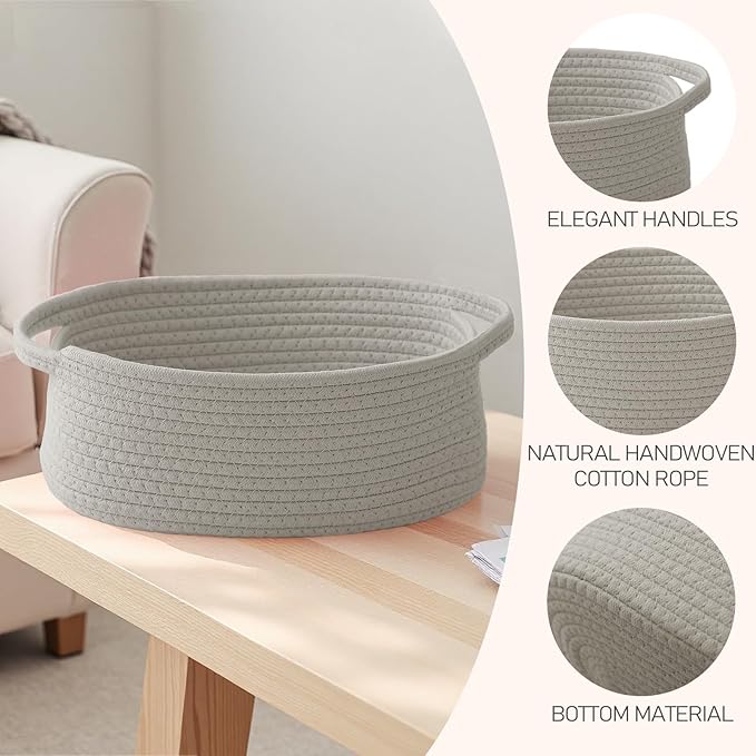 Woven Basket,Small Rope Storage Bin with Handles & Ribbon Bag, Organizer for Shelves Closets,Gift Basket Empty for Birthday,Books,Dog Toys, Grey/2 Pack